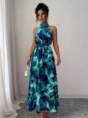 Sleeveless Teal & Navy Halter Maxi Dress